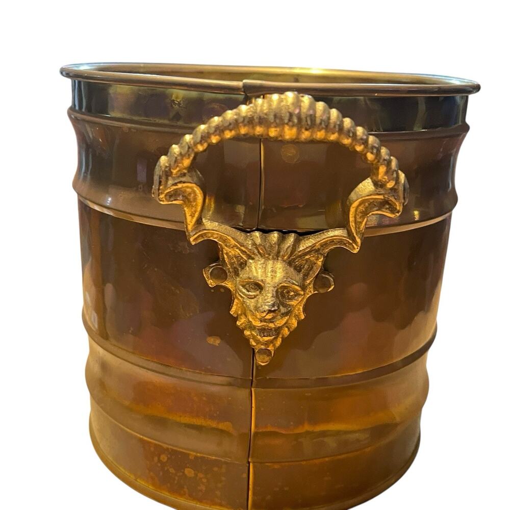 Hammered Brass Planter Lion Head Handles MCM Dutch Jardiniere Decor Retro Chic